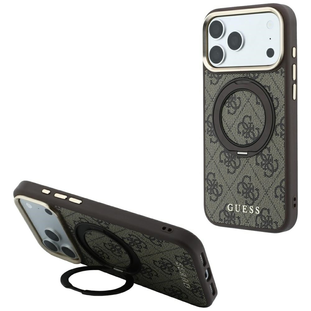 Guess Ring Stand 360 4G Classic Logo MagSafe dėklas iPhone 18 Pro / 17 Pro - Rudai -- iPhone 18 Pro / iPhone 17 Pro
