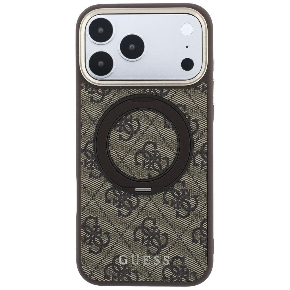 Guess Ring Stand 360 4G Classic Logo MagSafe dėklas iPhone 18 Pro / 17 Pro - Rudai -- iPhone 18 Pro / iPhone 17 Pro