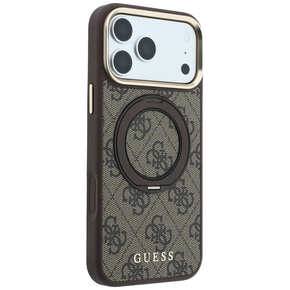 Guess Ring Stand 360 4G Classic Logo MagSafe dėklas iPhone 18 Pro / 17 Pro - Rudai -- iPhone 18 Pro / iPhone 17 Pro