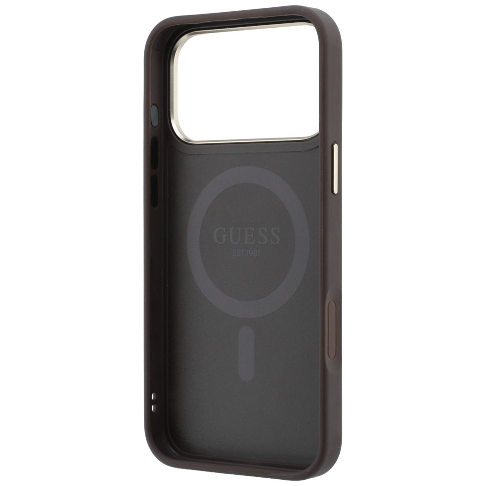 Guess Ring Stand 360 4G Classic Logo MagSafe dėklas iPhone 18 Pro / 17 Pro - Rudai -- iPhone 18 Pro / iPhone 17 Pro