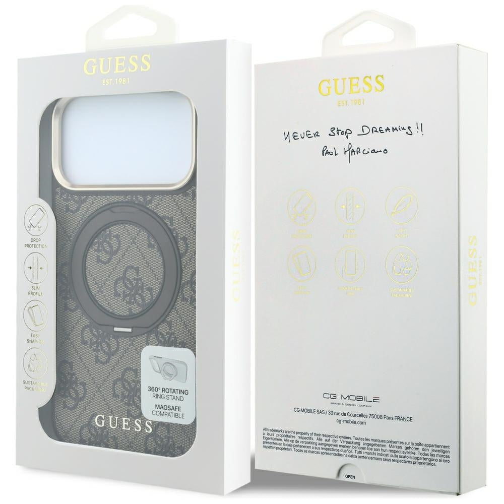 Guess Ring Stand 360 4G Classic Logo MagSafe dėklas iPhone 18 Pro / 17 Pro - Rudai -- iPhone 18 Pro / iPhone 17 Pro