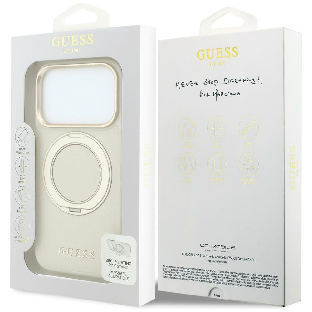 Guess Ring Stand 360 grūdintas Classic Logo MagSafe dėklas iPhone 18 Pro Max / 17 Pro Max - smėlio spalva -- iPhone 18...