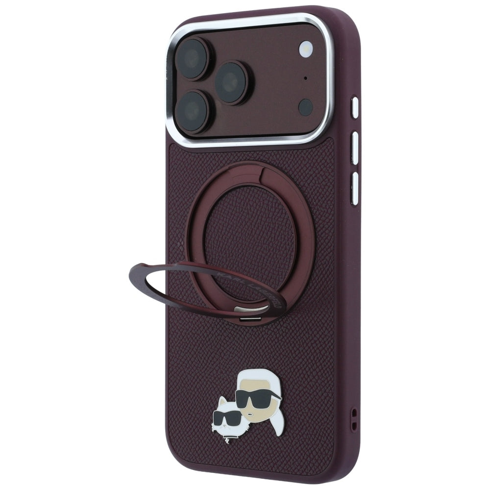 Karl Lagerfeld žiedinis stovas 360 Karl & Choupette galvų ženklas MagSafe dėklas iPhone 18 Pro / 17 Pro - burgundinis --...