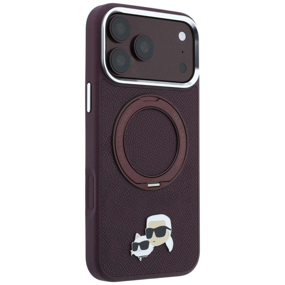 Karl Lagerfeld žiedinis stovas 360 Karl & Choupette galvų ženklas MagSafe dėklas iPhone 18 Pro / 17 Pro - burgundinis --...