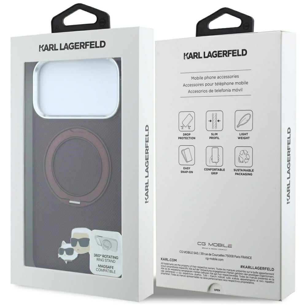 Karl Lagerfeld žiedinis stovas 360 Karl & Choupette galvų ženklas MagSafe dėklas iPhone 18 Pro / 17 Pro - burgundinis --...
