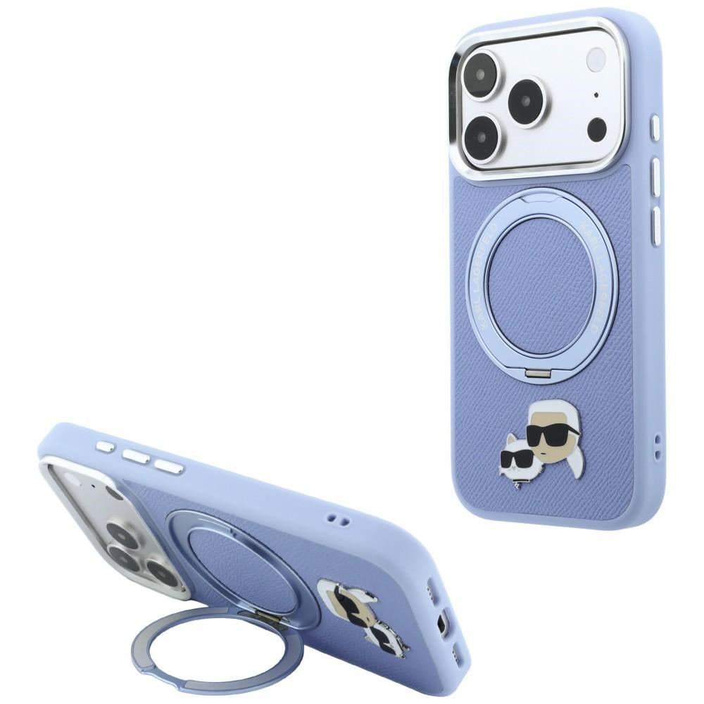 Karl Lagerfeld žiedinis stovas 360 Karl & Choupette galvų ženklas MagSafe dėklas iPhone 18 Pro / 17 Pro - šviesiai...