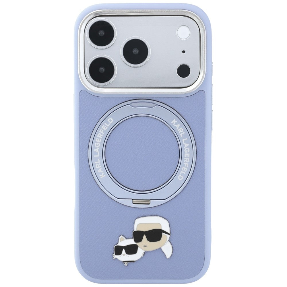Karl Lagerfeld žiedinis stovas 360 Karl & Choupette galvų ženklas MagSafe dėklas iPhone 18 Pro / 17 Pro - šviesiai...