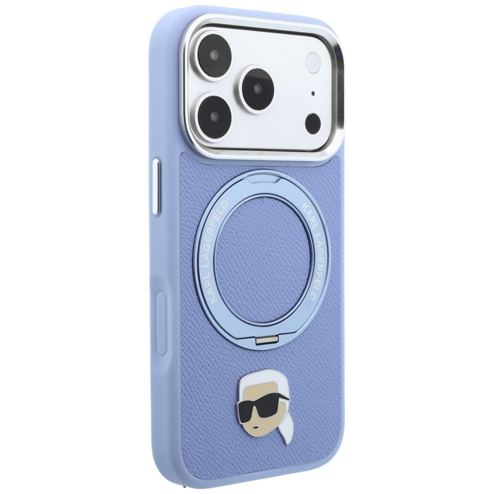 Karl Lagerfeld MagSafe dėklas su 360 žiediniu stovu ir Karl galvos segtuku skirtas iPhone 18 Pro / 17 Pro – šviesiai...