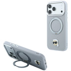 Dėklas Karl Lagerfeld su 360 žiediniu stovu ir Karl galvos smeigtuku MagSafe, skirtas iPhone 18 Pro / 17 Pro - pilkas --...