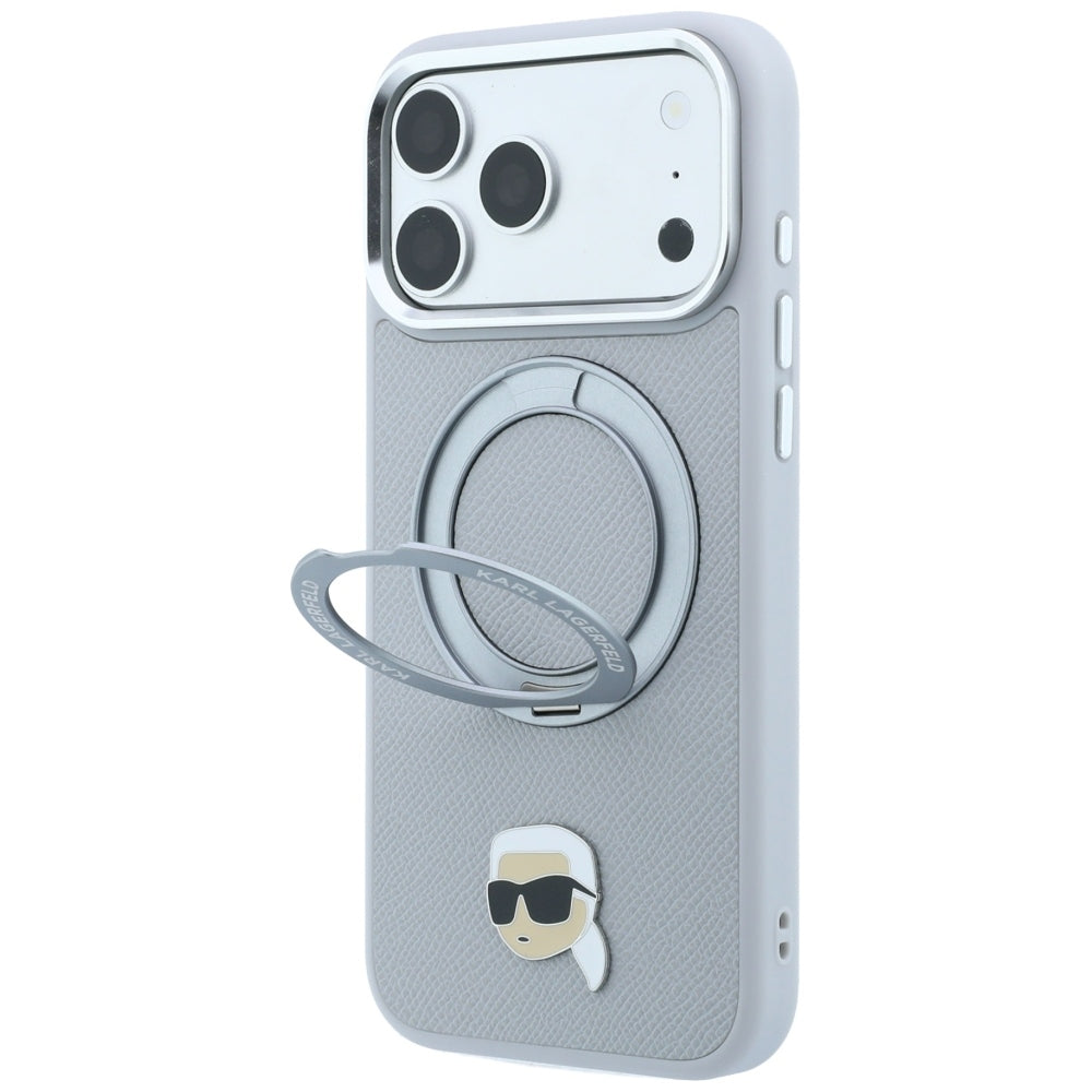 Dėklas Karl Lagerfeld su 360 žiediniu stovu ir Karl galvos smeigtuku MagSafe, skirtas iPhone 18 Pro / 17 Pro - pilkas --...