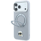 Dėklas Karl Lagerfeld su 360 žiediniu stovu ir Karl galvos smeigtuku MagSafe, skirtas iPhone 18 Pro / 17 Pro - pilkas --...