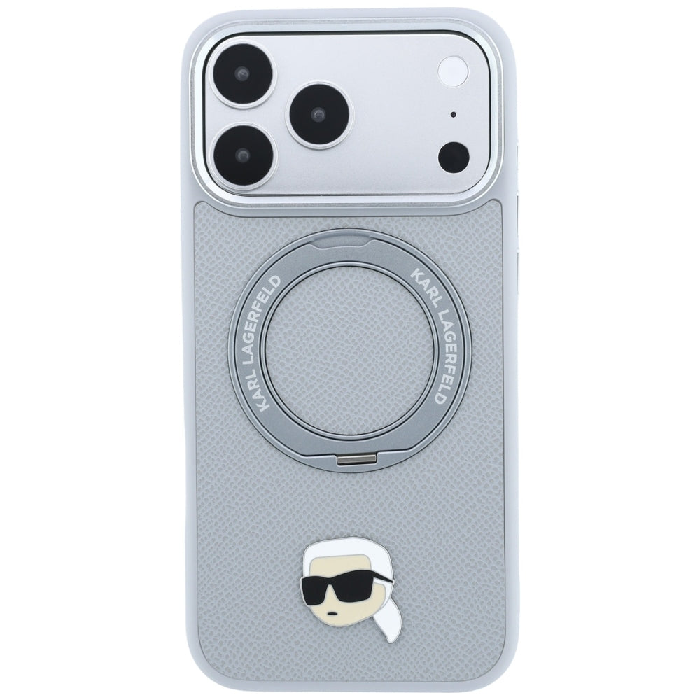 Dėklas Karl Lagerfeld su 360 žiediniu stovu ir Karl galvos smeigtuku MagSafe, skirtas iPhone 18 Pro / 17 Pro - pilkas --...