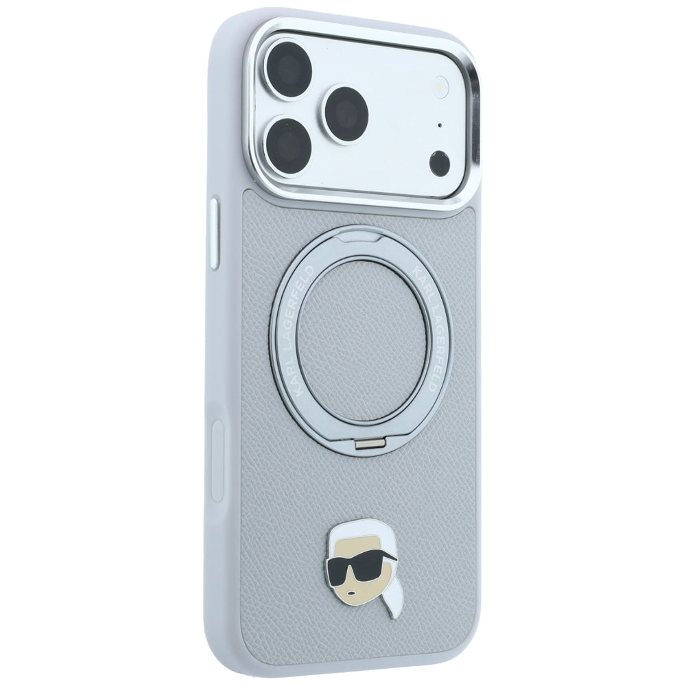 Dėklas Karl Lagerfeld su 360 žiediniu stovu ir Karl galvos smeigtuku MagSafe, skirtas iPhone 18 Pro / 17 Pro - pilkas --...
