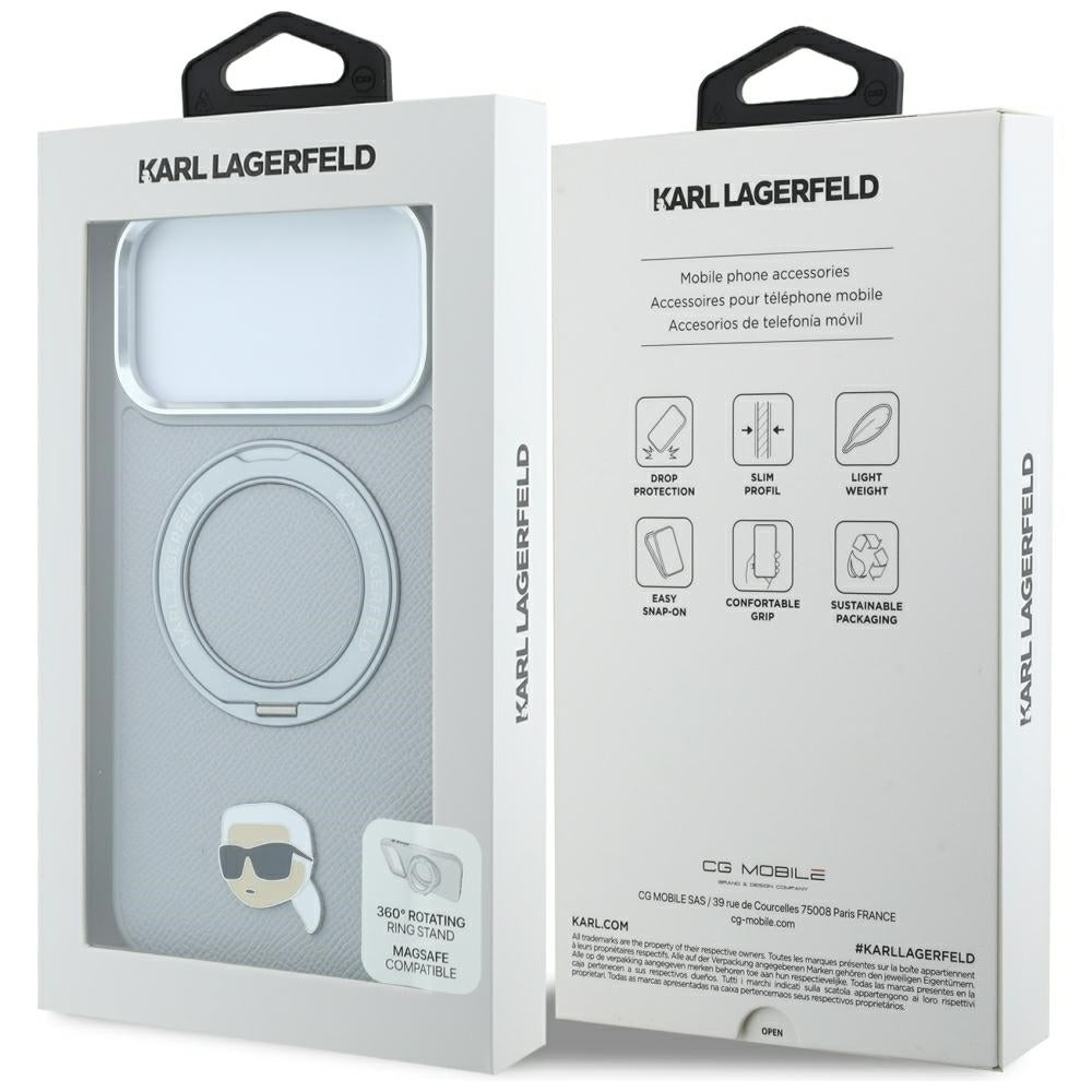 Dėklas Karl Lagerfeld su 360 žiediniu stovu ir Karl galvos smeigtuku MagSafe, skirtas iPhone 18 Pro / 17 Pro - pilkas --...