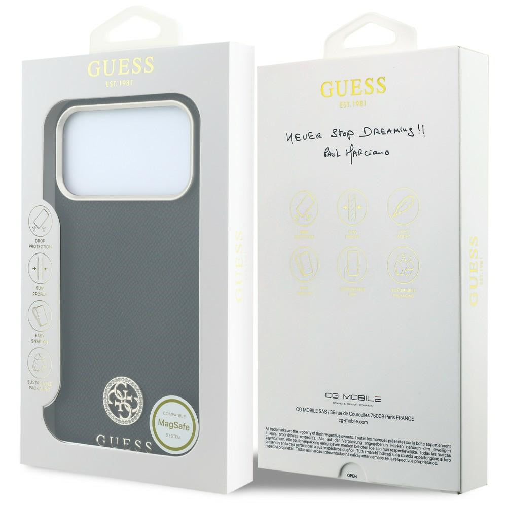Dėklas Guess Grained Round Strass Logo MagSafe, skirtas iPhone 18 Pro / 17 Pro - Juoda -- iPhone 18 Pro / iPhone 17 Pro