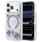 Dėklas Guess Resin Flowers Glitter MagSafe telefonui iPhone 18 Pro / 17 Pro - violetinis -- iPhone 18 Pro / iPhone 17 Pro