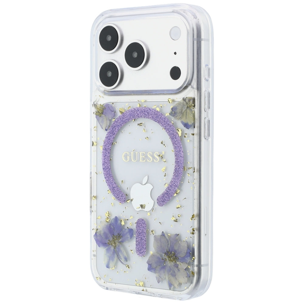 Dėklas Guess Resin Flowers Glitter MagSafe telefonui iPhone 18 Pro / 17 Pro - violetinis -- iPhone 18 Pro / iPhone 17 Pro