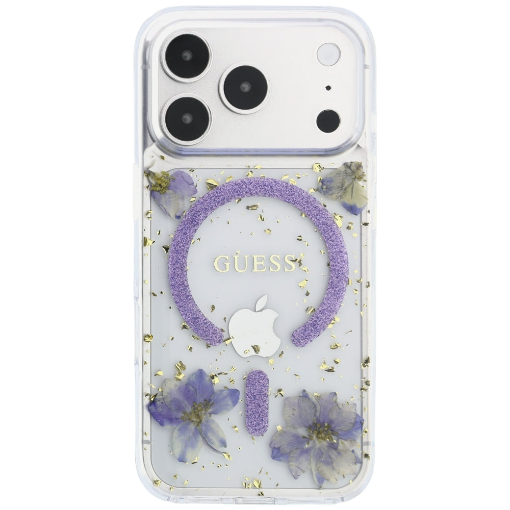 Dėklas Guess Resin Flowers Glitter MagSafe telefonui iPhone 18 Pro / 17 Pro - violetinis -- iPhone 18 Pro / iPhone 17 Pro