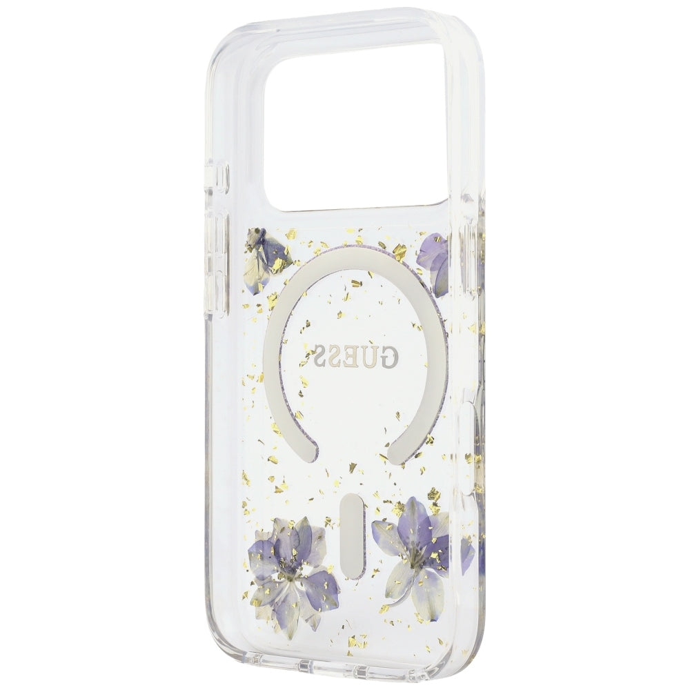 Dėklas Guess Resin Flowers Glitter MagSafe telefonui iPhone 18 Pro / 17 Pro - violetinis -- iPhone 18 Pro / iPhone 17 Pro
