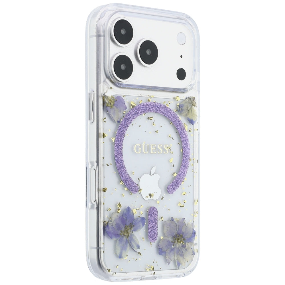 Dėklas Guess Resin Flowers Glitter MagSafe telefonui iPhone 18 Pro Max / 17 Pro Max - violetinis -- iPhone 18 Pro Max /...