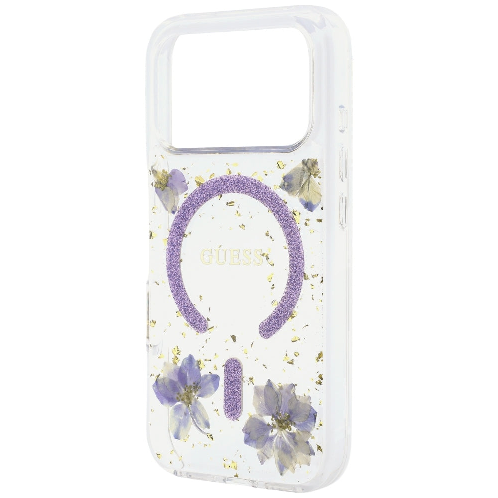 Dėklas Guess Resin Flowers Glitter MagSafe telefonui iPhone 18 Pro Max / 17 Pro Max - violetinis -- iPhone 18 Pro Max /...