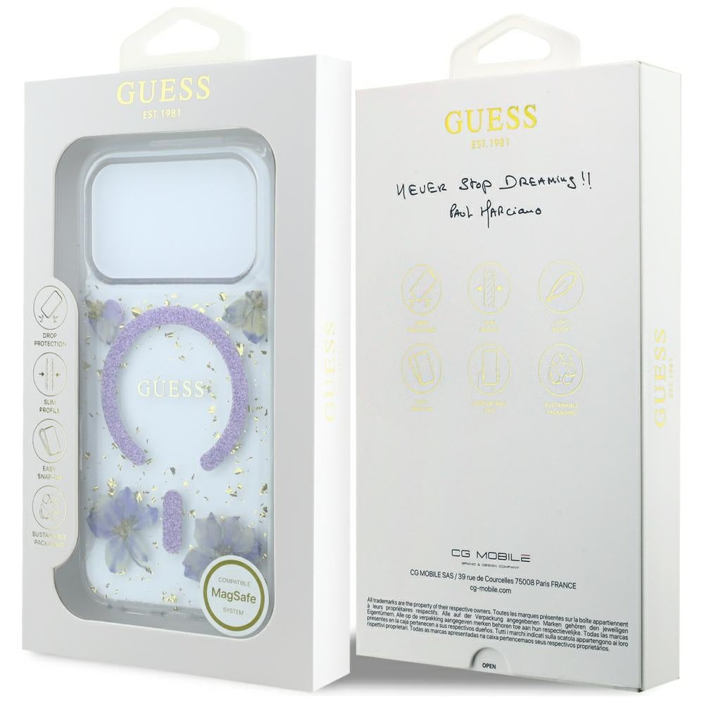 Dėklas Guess Resin Flowers Glitter MagSafe telefonui iPhone 18 Pro Max / 17 Pro Max - violetinis -- iPhone 18 Pro Max /...