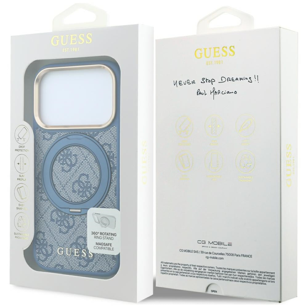 Dėklas Guess Ring Stand 360 4G Classic Logo MagSafe telefonui iPhone 18 Pro / 17 Pro - mėlynas -- iPhone 18 Pro / iPhone...