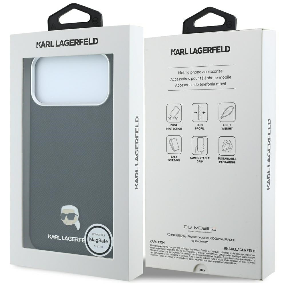 Dėklas Karl Lagerfeld Grained Karl Head Metal MagSafe telefonams iPhone 18 Pro / 17 Pro - Juoda -- iPhone 18 Pro / iPhone...