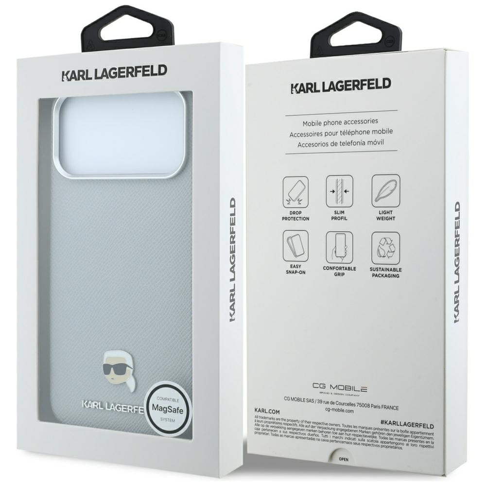 Dėklas Karl Lagerfeld Grained Karl Head Metal MagSafe telefonams iPhone 18 Pro / 17 Pro - Pilka -- iPhone 18 Pro / iPhone...