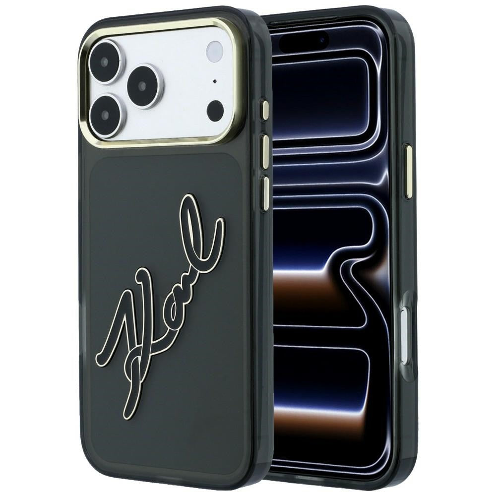 Dėklas Karl Lagerfeld IML Big Signature Resin Metal Frame telefonui iPhone 18 Pro / 17 Pro - juodas -- iPhone 18 Pro /...