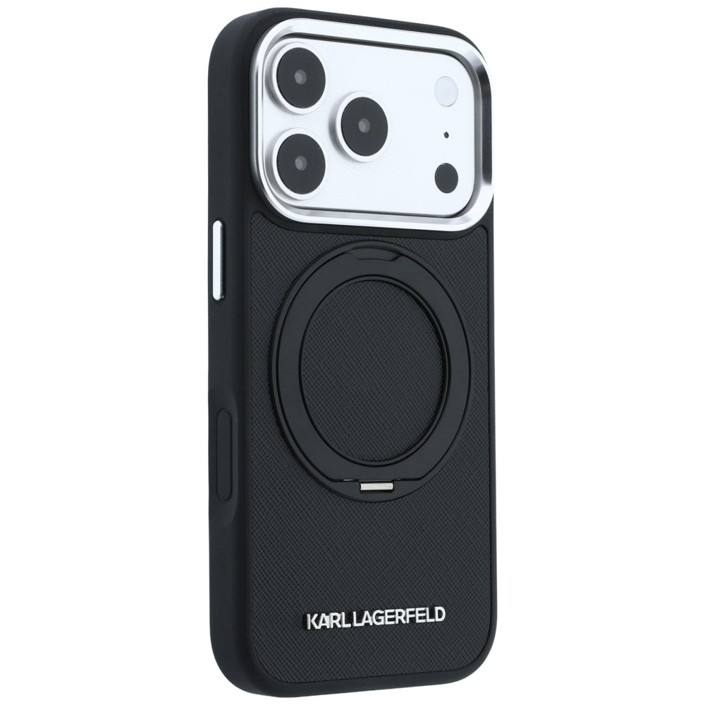 Dėklas Karl Lagerfeld Ring Stand 360 Saffiano Classic Logo MagSafe, skirtas iPhone 18 Pro / 17 Pro - juodas -- iPhone 18...