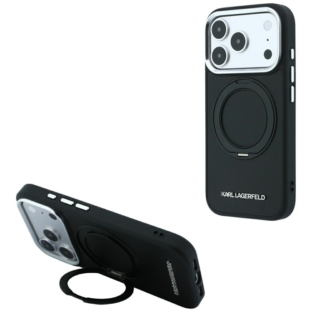 Dėklas Karl Lagerfeld Ring Stand 360 Saffiano Classic Logo MagSafe, skirtas iPhone 18 Pro Max / 17 Pro Max - juodas --...