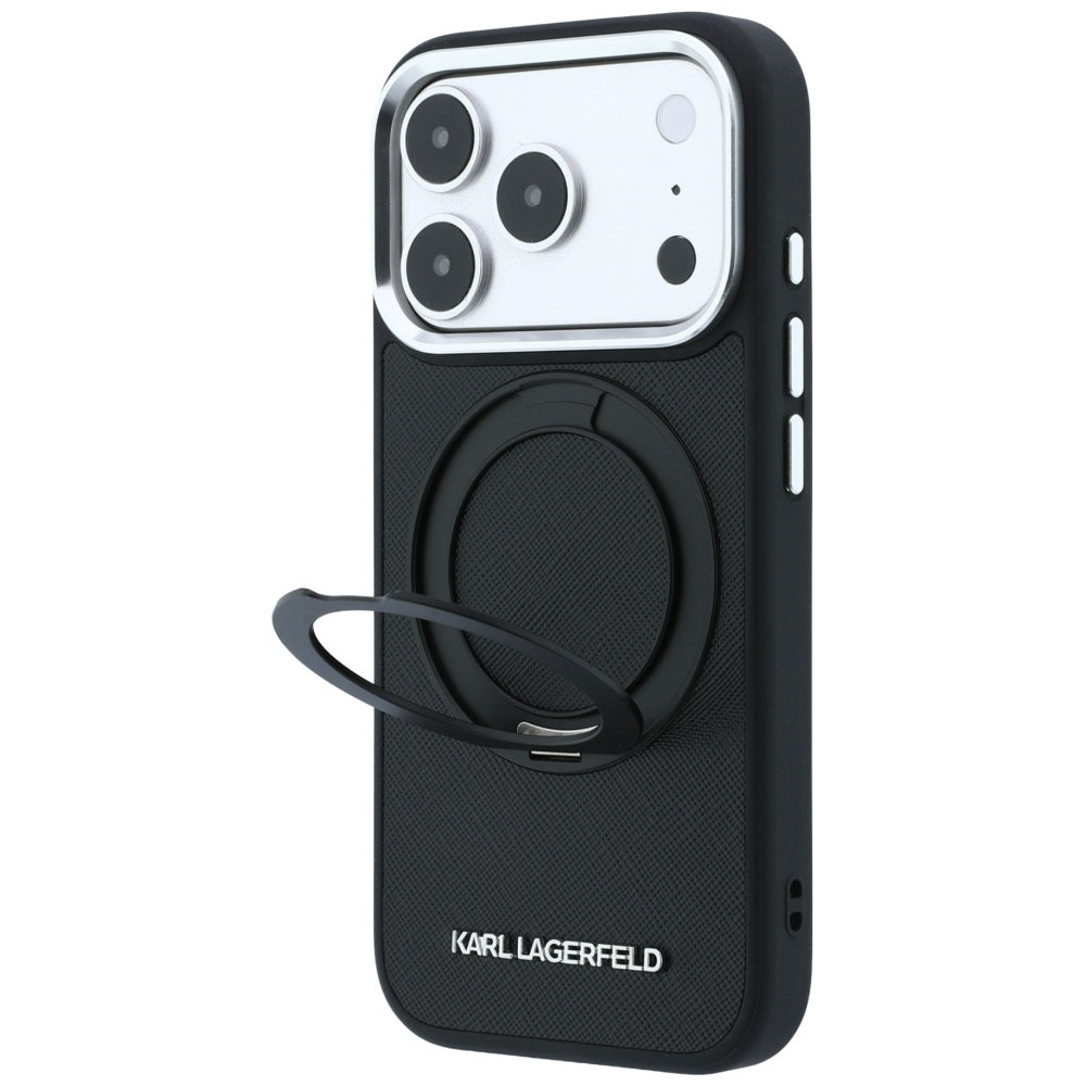 Dėklas Karl Lagerfeld Ring Stand 360 Saffiano Classic Logo MagSafe, skirtas iPhone 18 Pro Max / 17 Pro Max - juodas --...