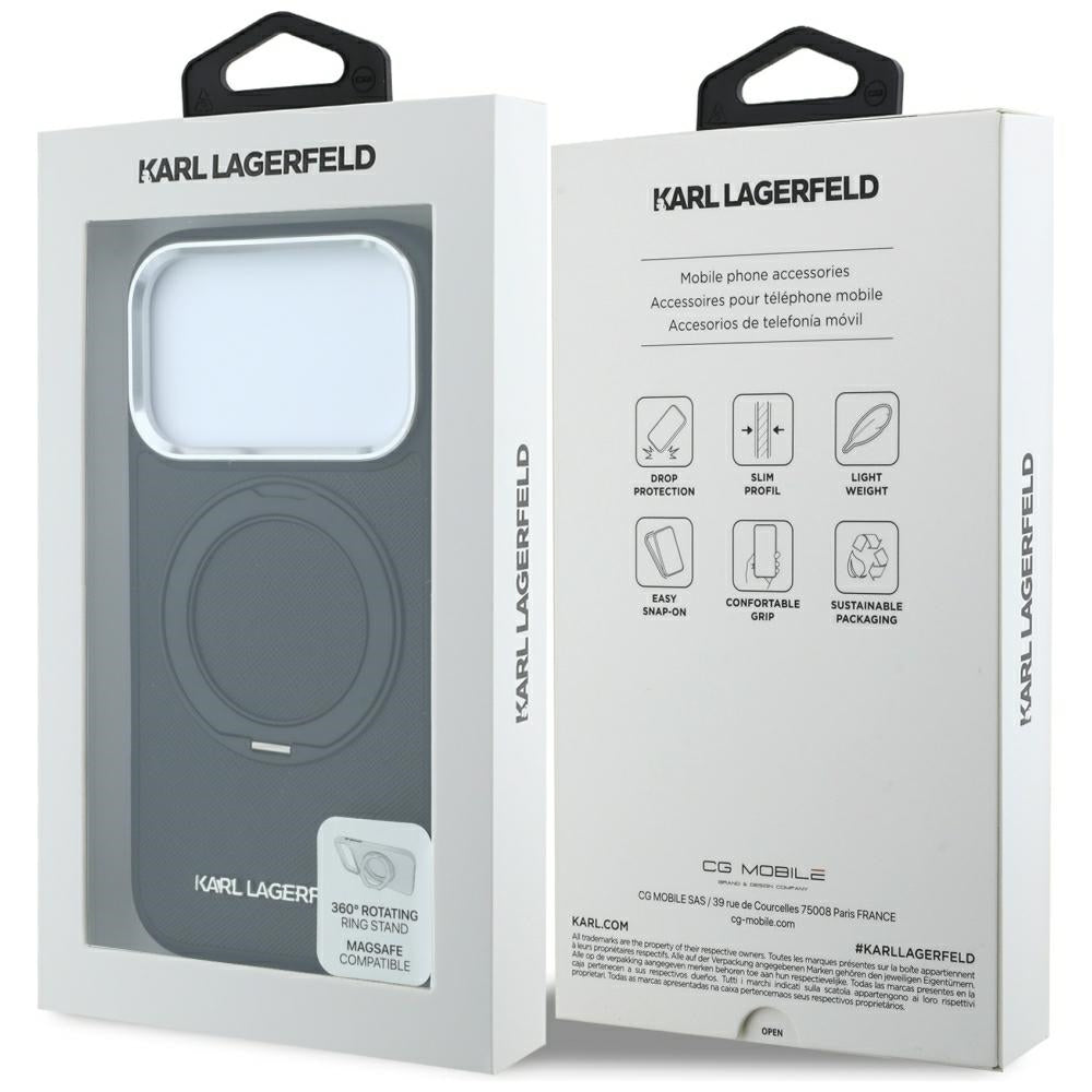 Dėklas Karl Lagerfeld Ring Stand 360 Saffiano Classic Logo MagSafe, skirtas iPhone 18 Pro Max / 17 Pro Max - juodas --...