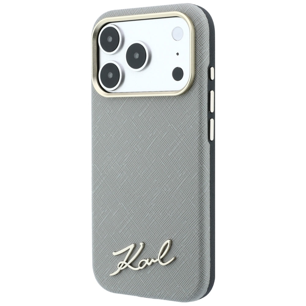 Dėklas Karl Lagerfeld Saffiano Small Script Metal Logo MagSafe skirtas iPhone 18 Pro / 17 Pro - Smėlinis -- iPhone 18 Pro...