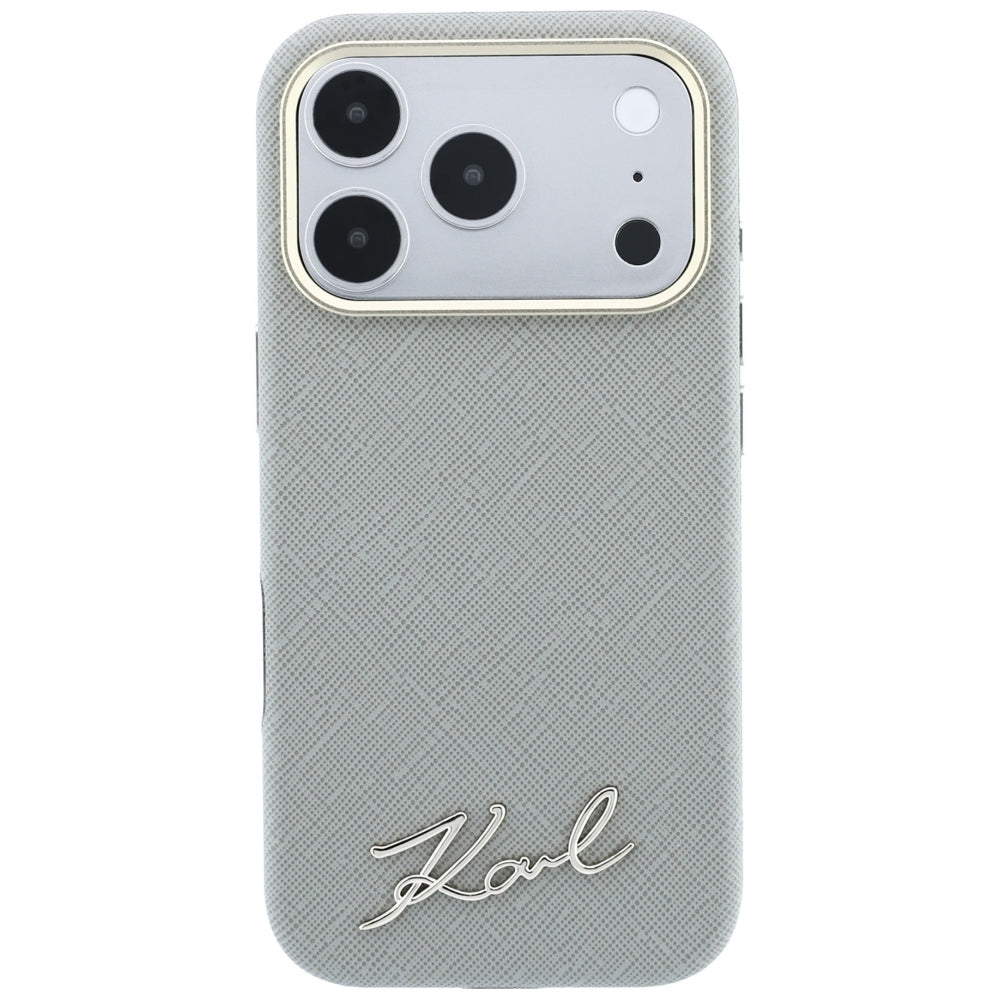 Dėklas Karl Lagerfeld Saffiano Small Script Metal Logo MagSafe skirtas iPhone 18 Pro / 17 Pro - Smėlinis -- iPhone 18 Pro...