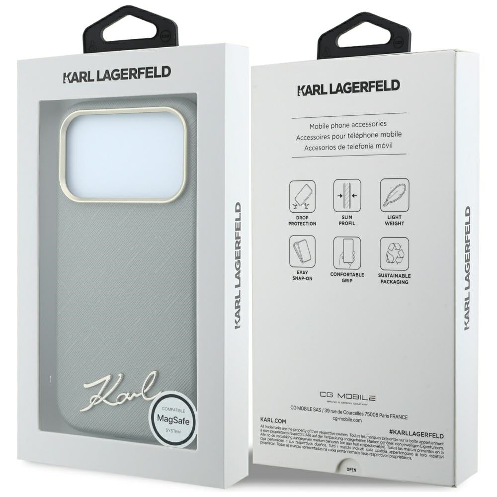 Dėklas Karl Lagerfeld Saffiano Small Script Metal Logo MagSafe skirtas iPhone 18 Pro / 17 Pro - Smėlinis -- iPhone 18 Pro...