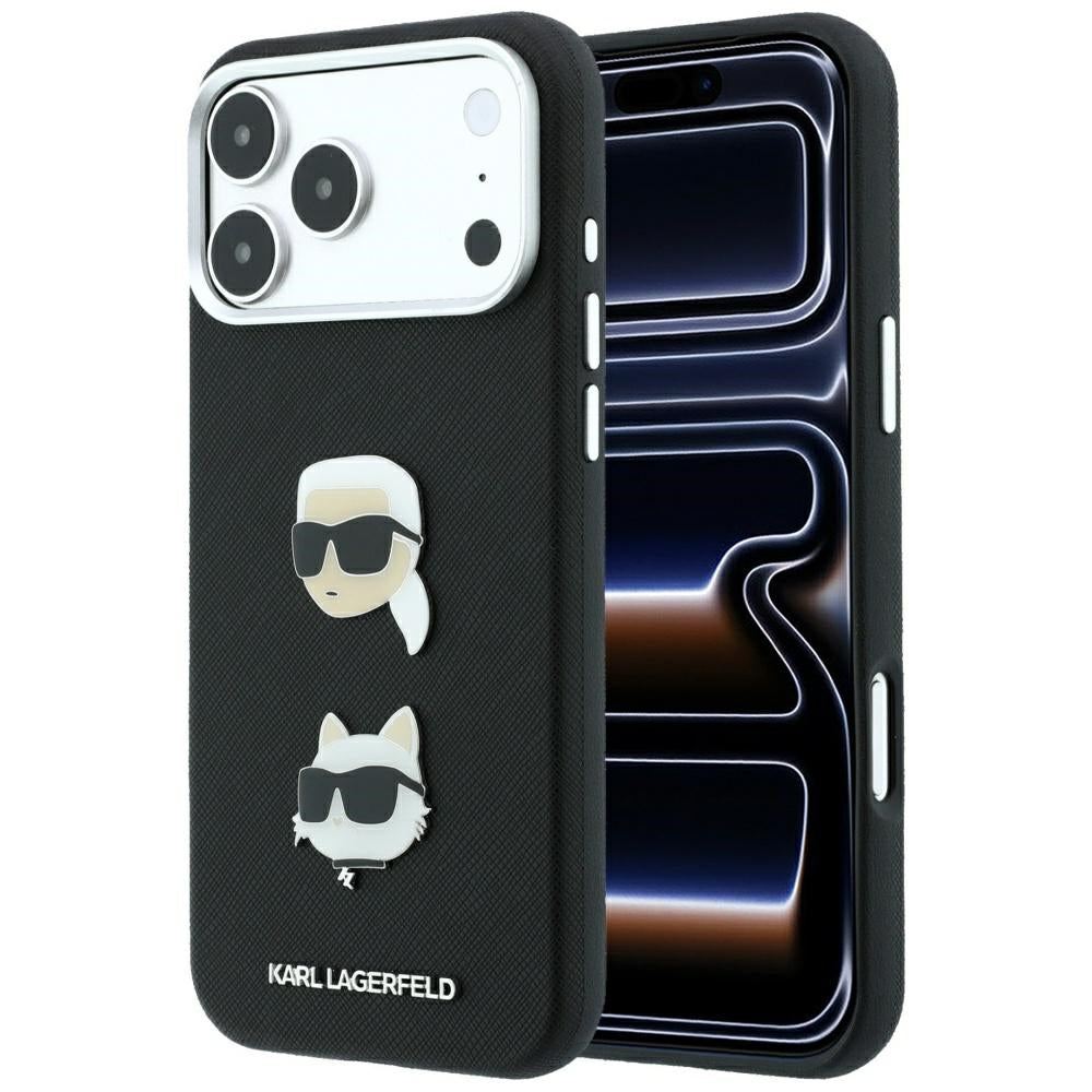 Dėklas Karl Lagerfeld Saffiano su Karl & Choupette Heads Pins & Logo, skirtas iPhone 18 Pro Max / 17 Pro Max - Juodas --...