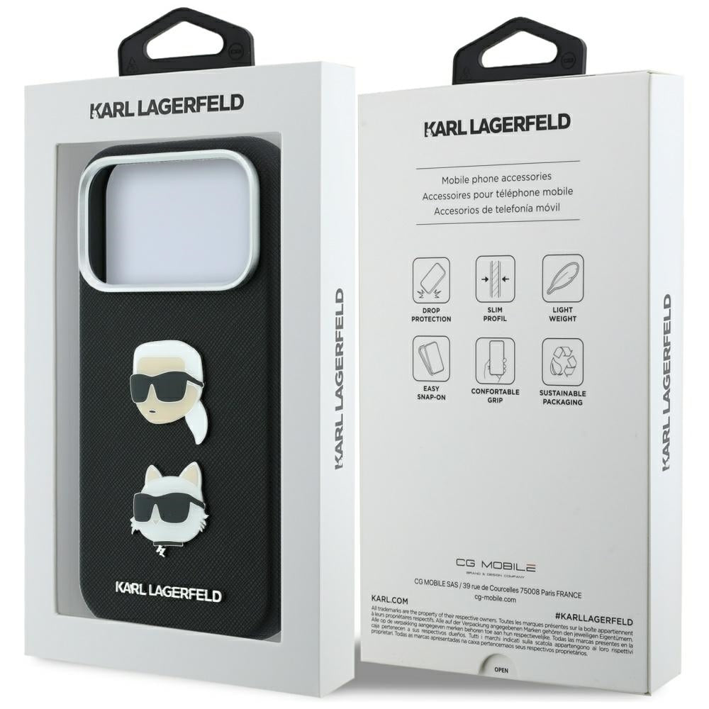Dėklas Karl Lagerfeld Saffiano su Karl & Choupette Heads Pins & Logo, skirtas iPhone 18 Pro Max / 17 Pro Max - Juodas --...