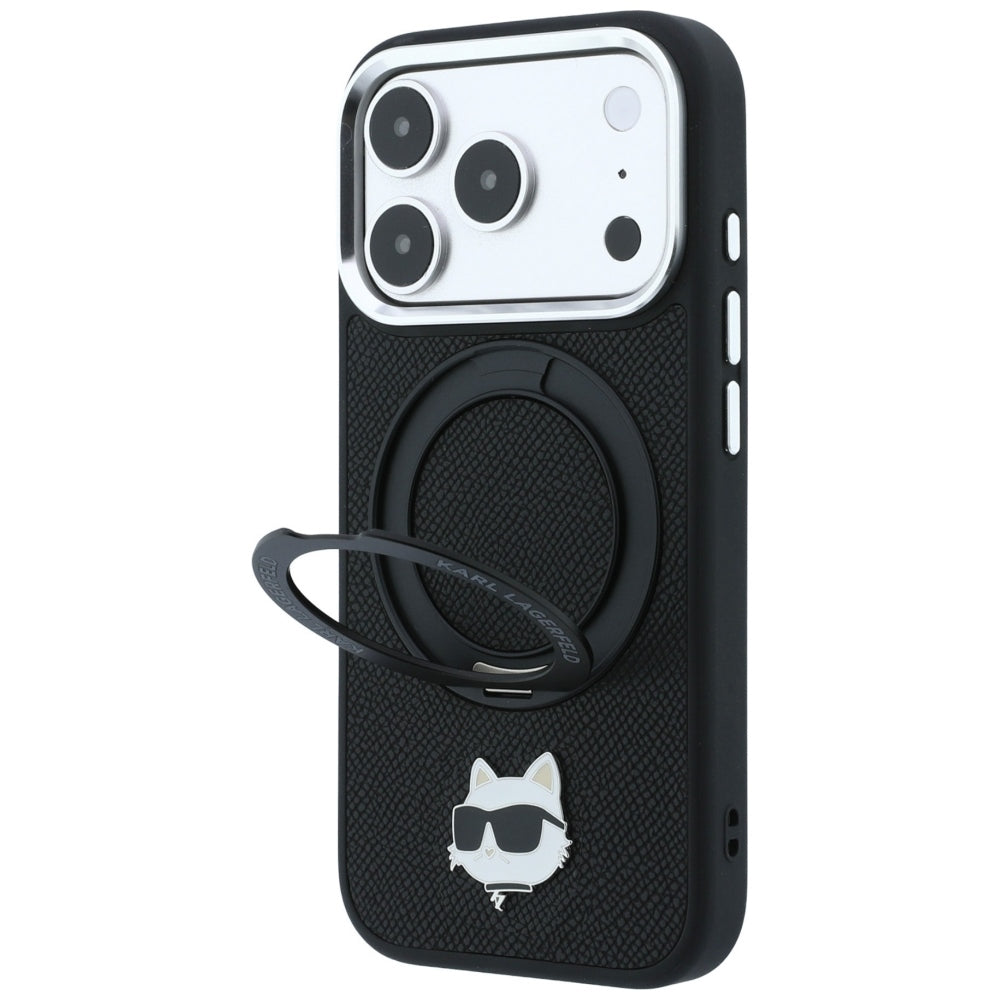 Karl Lagerfeld dėklas su 360 žiedo stovu Choupette galvos smeigtukas MagSafe skirtas iPhone 18 Pro / 17 Pro - juoda --...