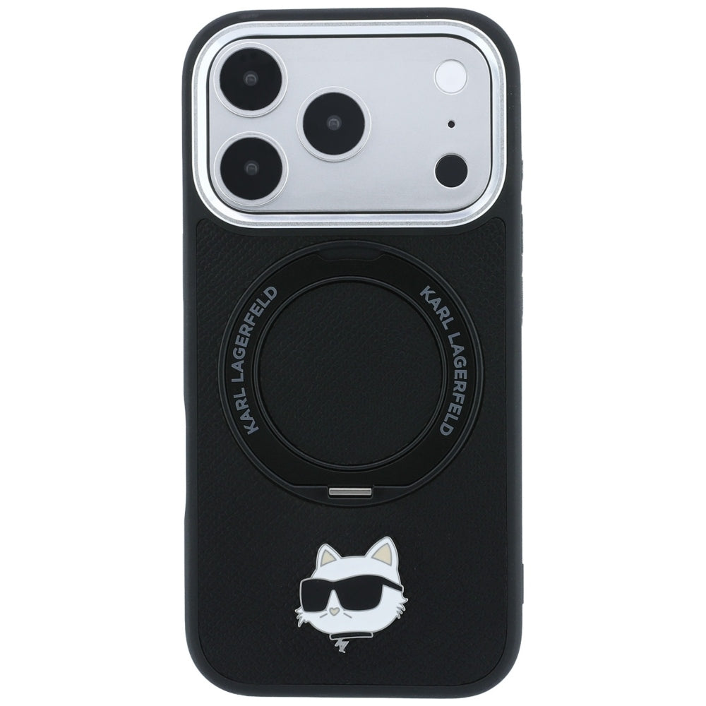 Karl Lagerfeld dėklas su 360 žiedo stovu Choupette galvos smeigtukas MagSafe skirtas iPhone 18 Pro / 17 Pro - juoda --...