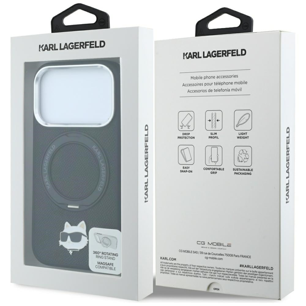 Karl Lagerfeld dėklas su 360 žiedo stovu Choupette galvos smeigtukas MagSafe skirtas iPhone 18 Pro / 17 Pro - juoda --...