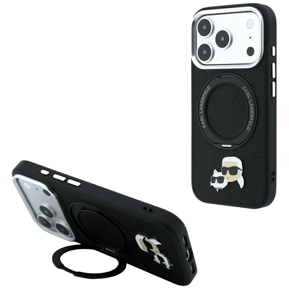 Karl Lagerfeld dėklas su 360 žiedo stovu Karl ir Choupette galvučių smeigtukas MagSafe skirtas iPhone 18 Pro Max / 17 Pro...
