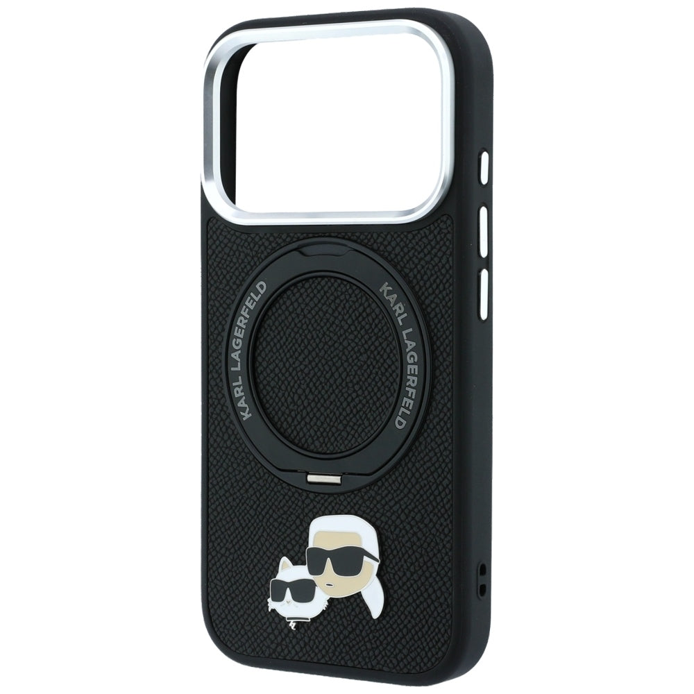 Karl Lagerfeld dėklas su 360 žiedo stovu Karl ir Choupette galvučių smeigtukas MagSafe skirtas iPhone 18 Pro Max / 17 Pro...