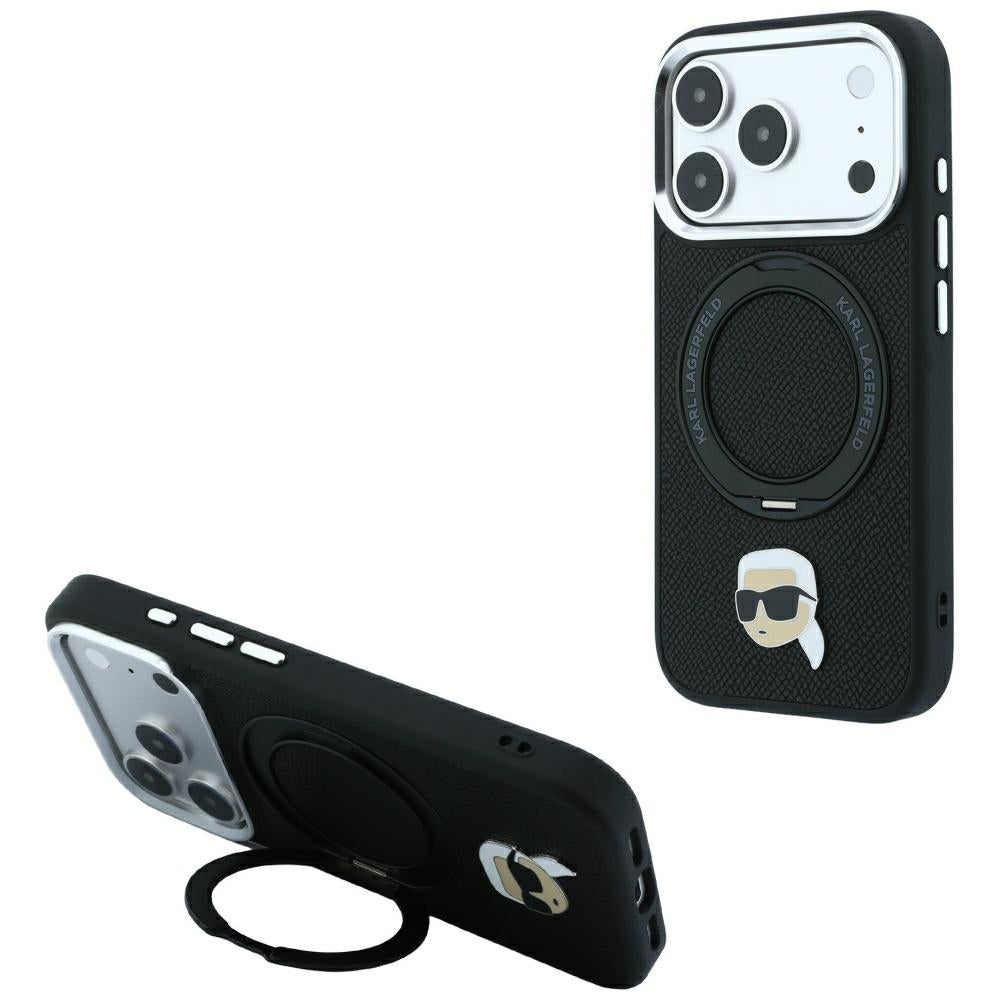Karl Lagerfeld dėklas su 360 žiediniu stovu ir Karl galvos smeigtuku MagSafe skirtas iPhone 18 Pro / 17 Pro - juodas --...