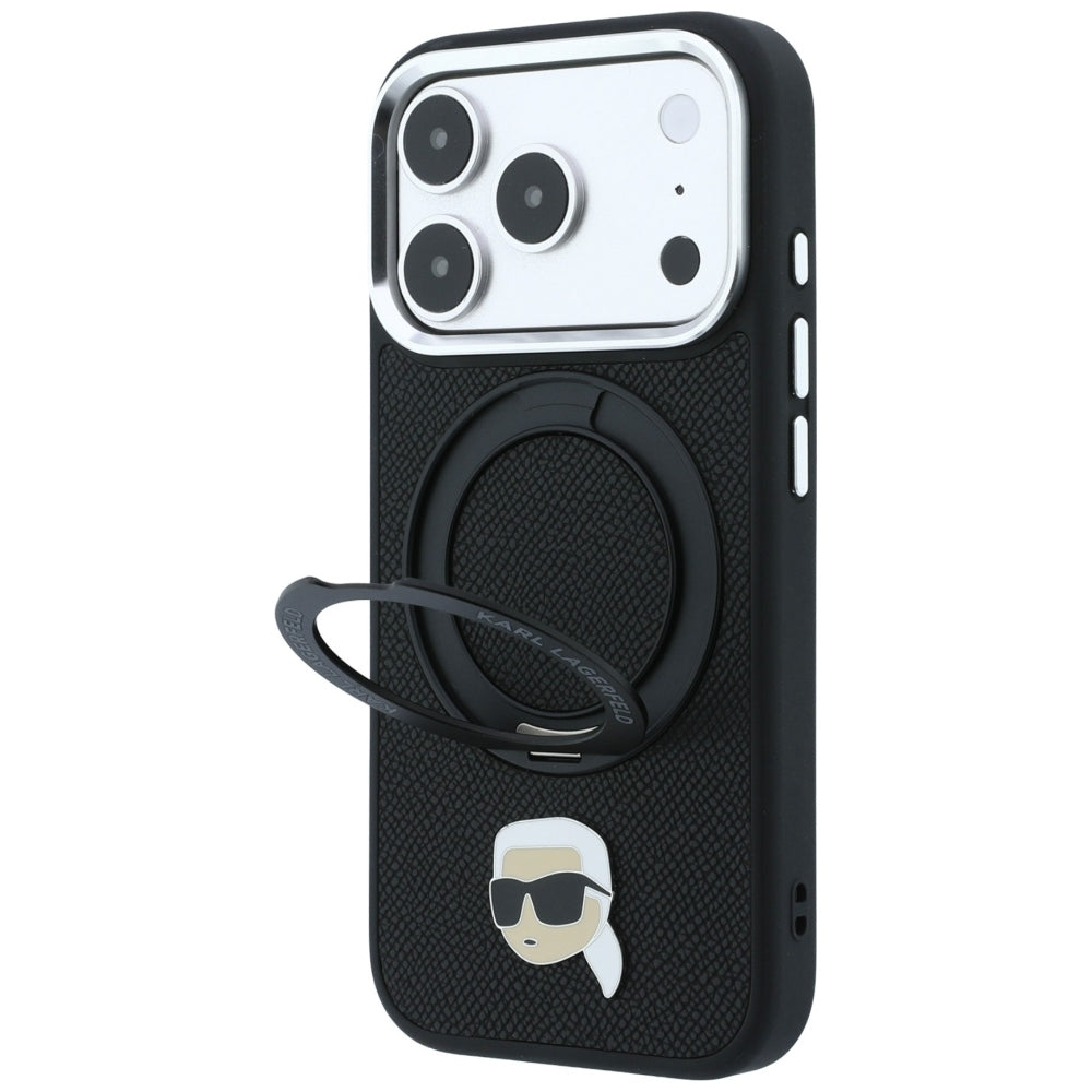 Karl Lagerfeld dėklas su 360 žiediniu stovu ir Karl galvos smeigtuku MagSafe skirtas iPhone 18 Pro / 17 Pro - juodas --...