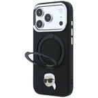 Karl Lagerfeld dėklas su 360 žiediniu stovu ir Karl galvos smeigtuku MagSafe skirtas iPhone 18 Pro / 17 Pro - juodas --...