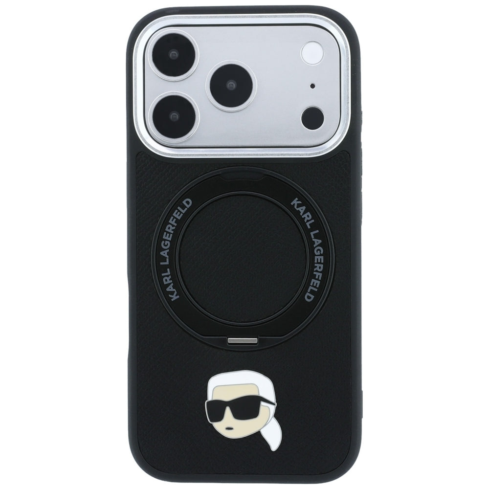 Karl Lagerfeld dėklas su 360 žiediniu stovu ir Karl galvos smeigtuku MagSafe skirtas iPhone 18 Pro / 17 Pro - juodas --...