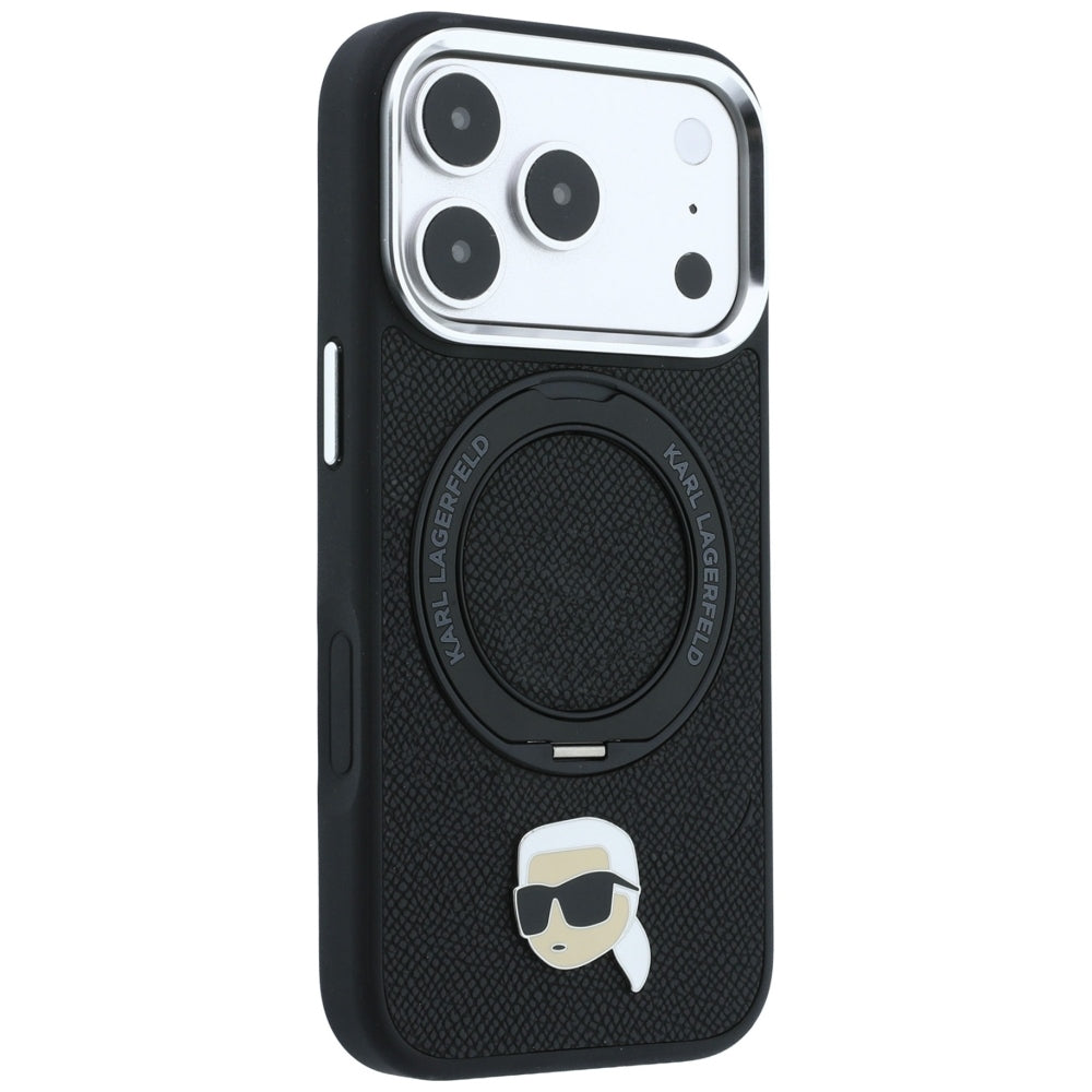 Karl Lagerfeld dėklas su 360 žiediniu stovu ir Karl galvos smeigtuku MagSafe skirtas iPhone 18 Pro / 17 Pro - juodas --...