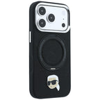 Karl Lagerfeld dėklas su 360 žiediniu stovu ir Karl galvos smeigtuku MagSafe skirtas iPhone 18 Pro / 17 Pro - juodas --...